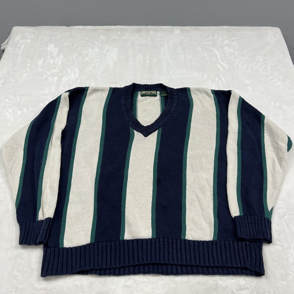 American Eagle V-Neck Sweater Mens L Blue Green Cream Striped Ramie Cotton Knit